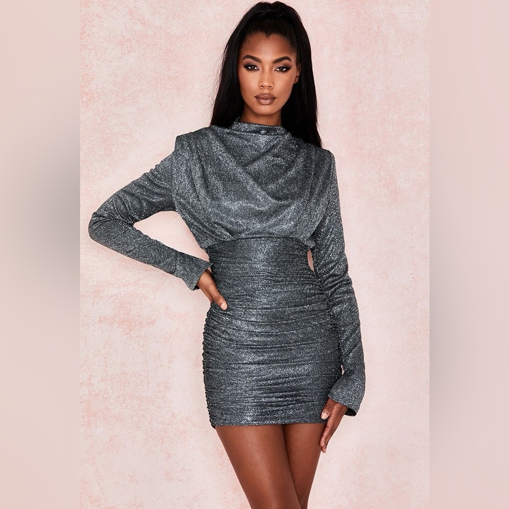 House of CB Elegant Gray Long-Sleeve Dress M